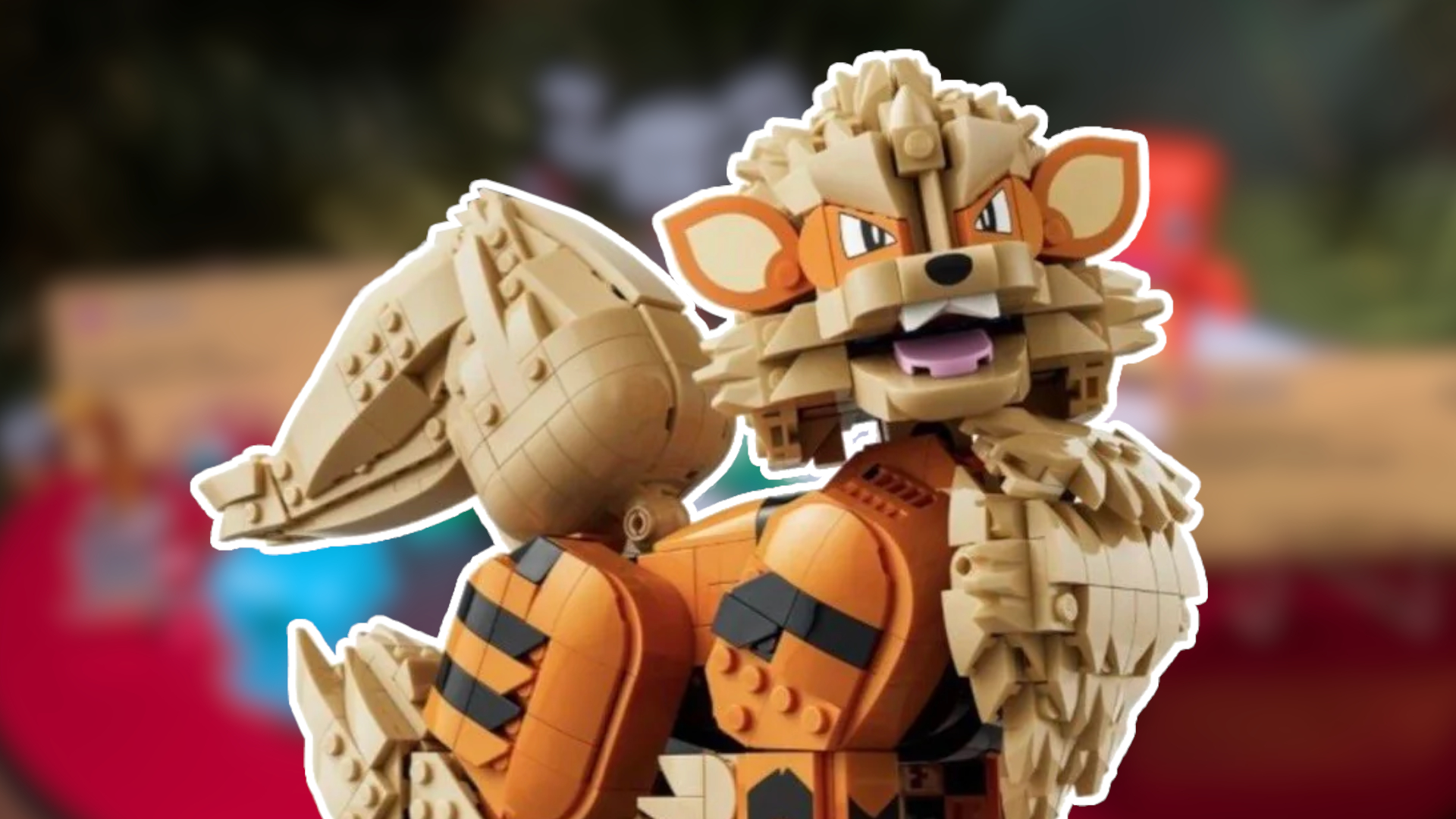 An Arcanine Lego set outlined in white, against a blurred background
