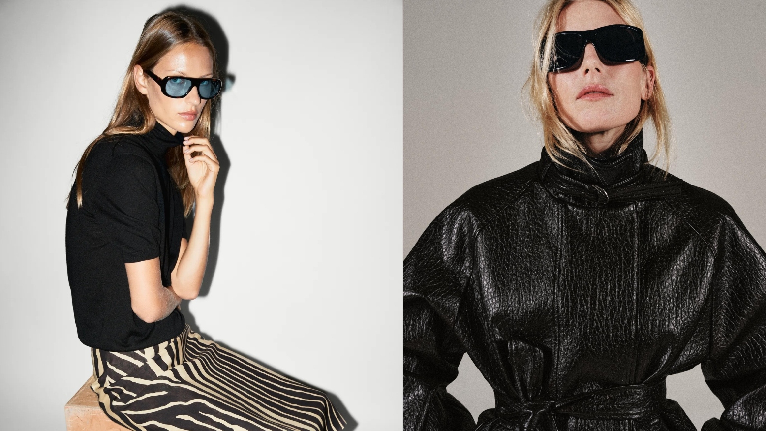 two side by side images from campaigns: model wearing a zebra pencil skirt; and a second model wearing sunglasses and a leather jacket
