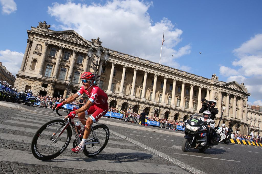 Joaquim Rodriguez (Katusha) leads on the Champs-Elysees