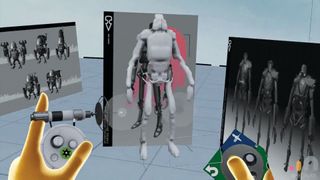 View through VR headset of hands building a 3D robot