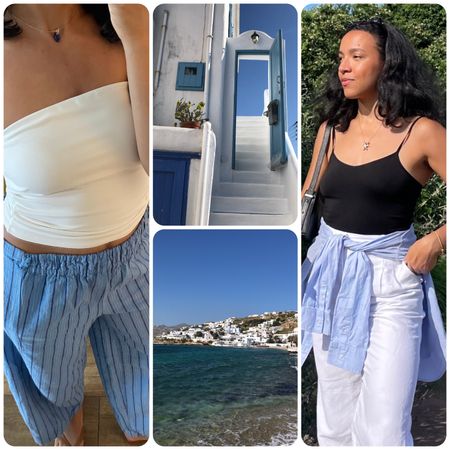 Lauren Tappan wearing a white top and blue pants; photos of Greece; Lauren Tappan wearing a black top and white pants 