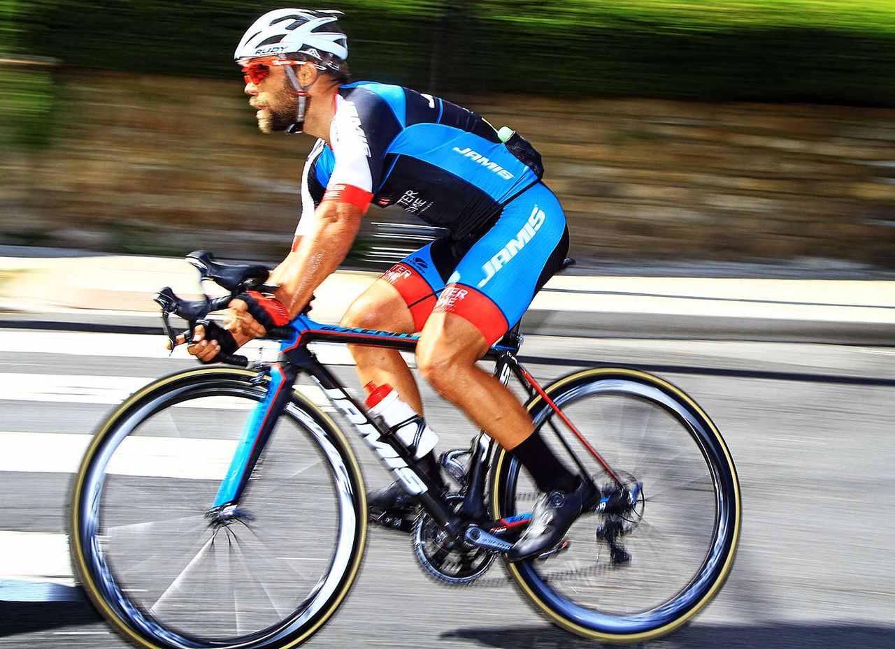 Team Jamis&rsquo; Eric Marcotte gets ready for his move.