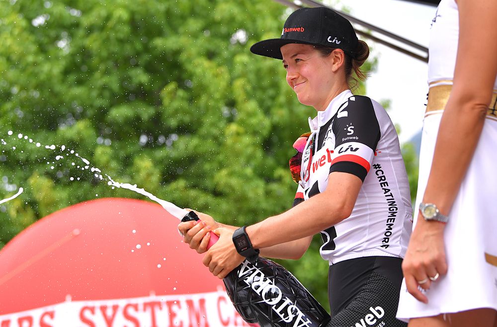 Ruth Winder (Sunweb) on the podium as the stage 5 winner at the Giro Rosa