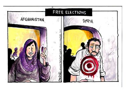 Political cartoon Syria vs. Afghanistan elections