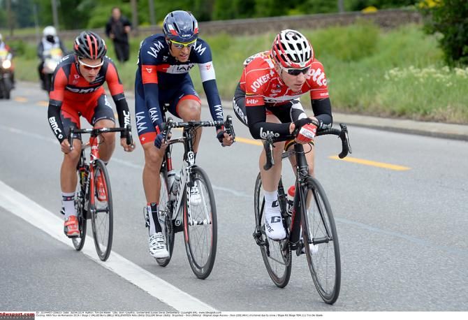 Boris Vallee (Lotto-Belisol) in the break with Reto Hollenstein (IAM Cycling) and Sylvan Dillier (BMC) in Romandie