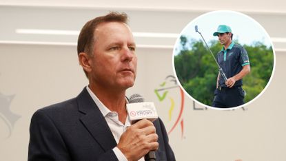 Main image of Jerry Foltz speaking into a microphone and (inset) Joaquin Niemann holding up his putter at LIV Golf Mayakoba 2024