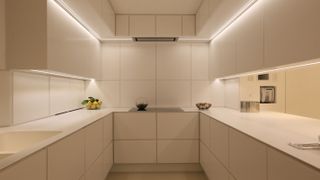 white fitted kitchen with hidden lighting