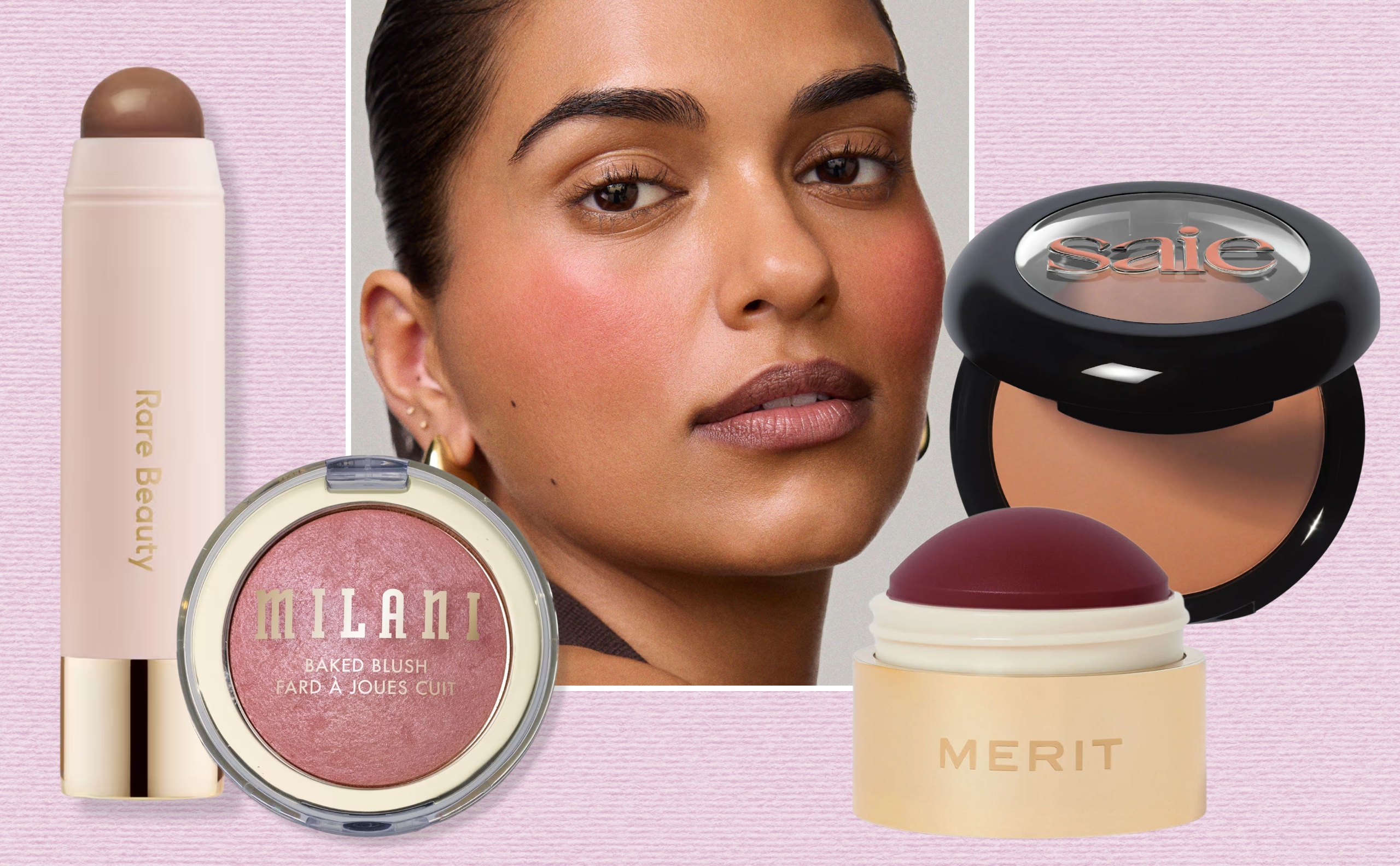 Model wearing rosy blush surrounded by Rare Beauty and Saie bronzers, Milani powder blush and Merit cream blush on a pink background