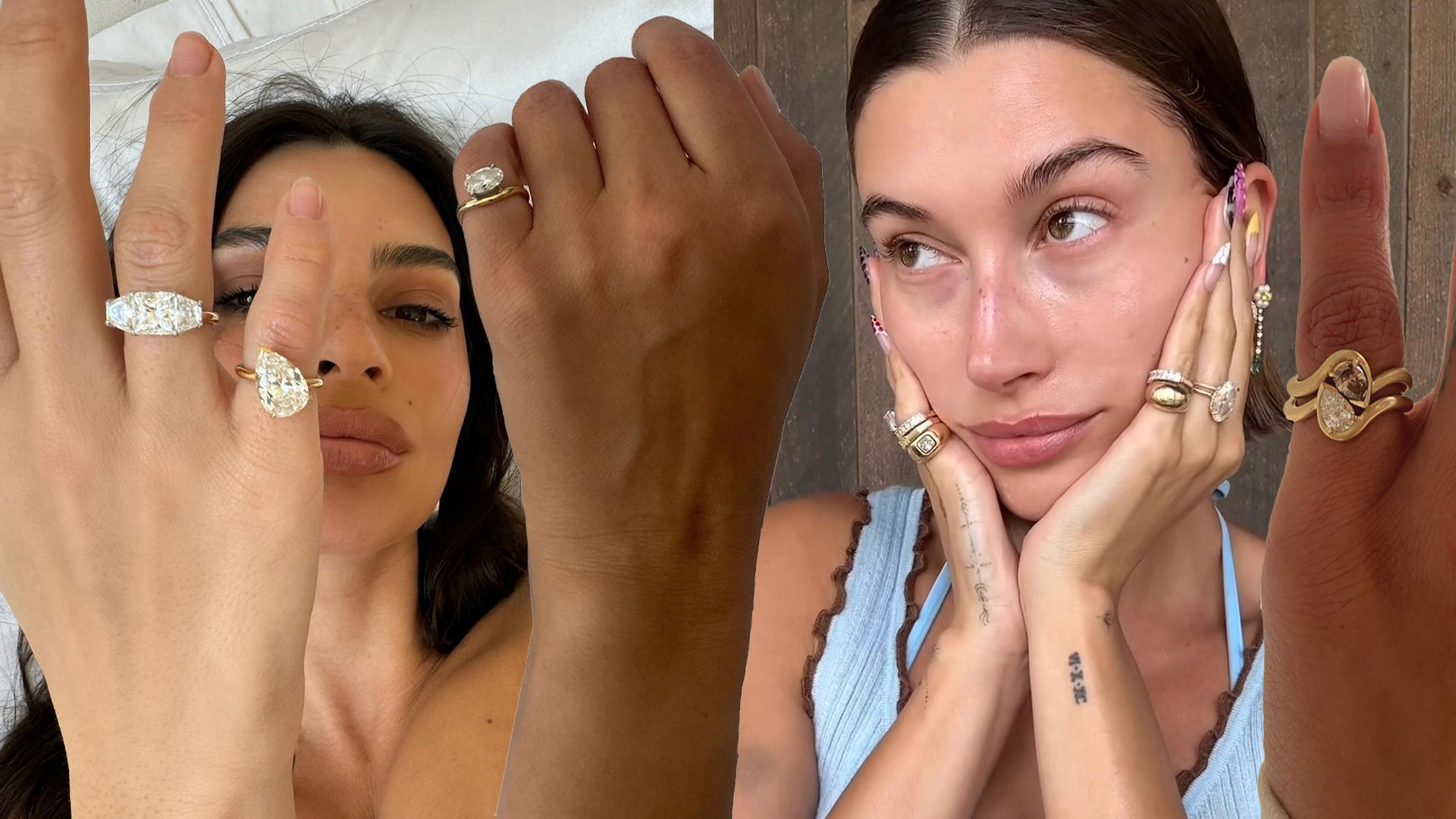 Collage of women wearing diamond pinkie rings.