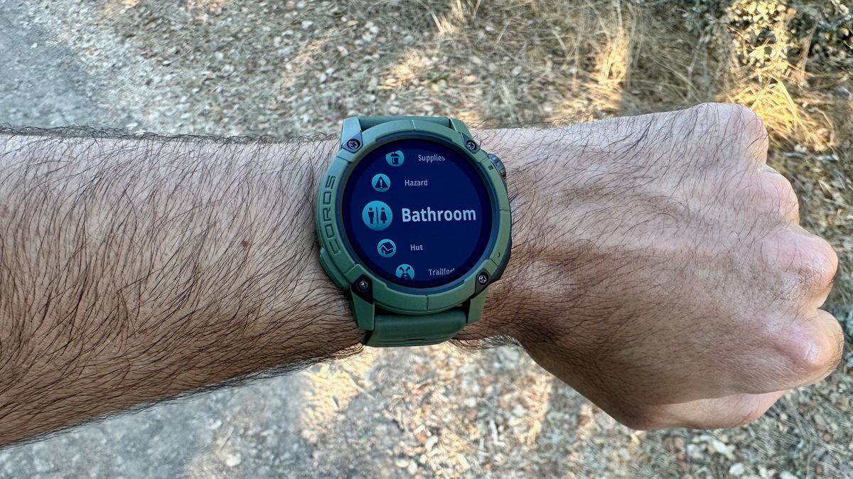 A list of pins on the COROS NOMAD for a hiking activity, including bathroom, hazard, hut, supplies, and trailfork.