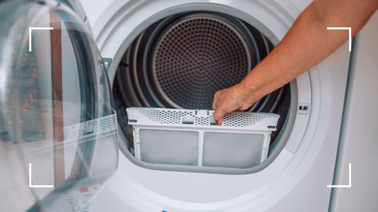 picture of woman removing lint drawer from dryer 