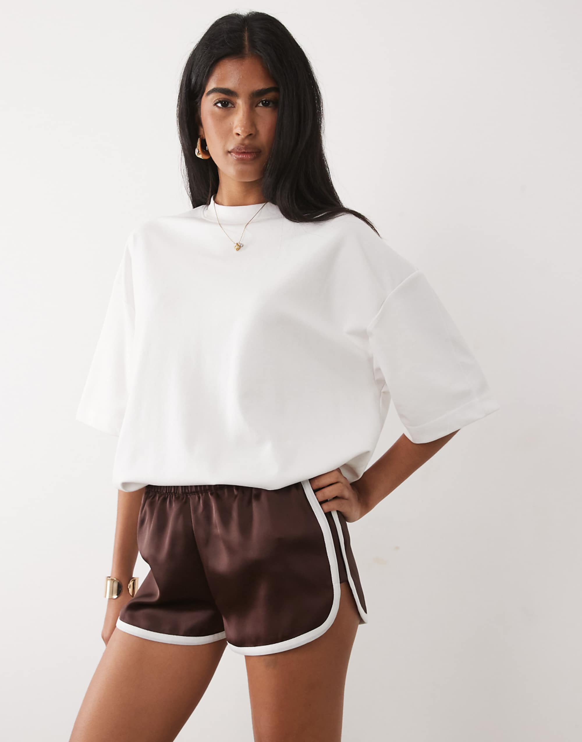 Asos Design Contrast Seam Satin Runner Shorts in Chocolate and White