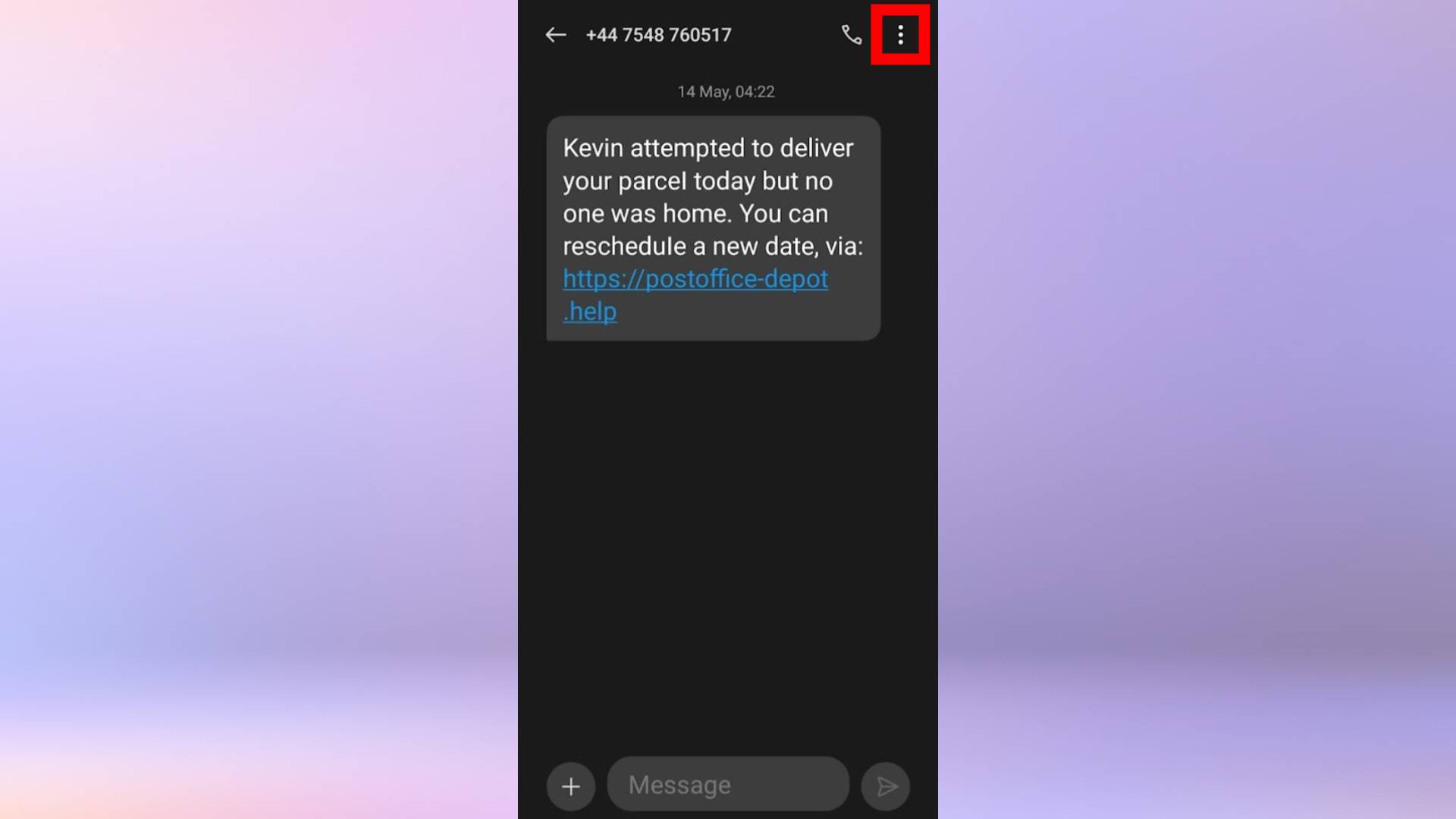Androidフォンのスパムテキストメッセージのスクリーンショット。  3ドットのメニューアイコンが強調表示されます。
