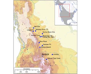 A map showing the location of Anzick in what would be modern-day Montana