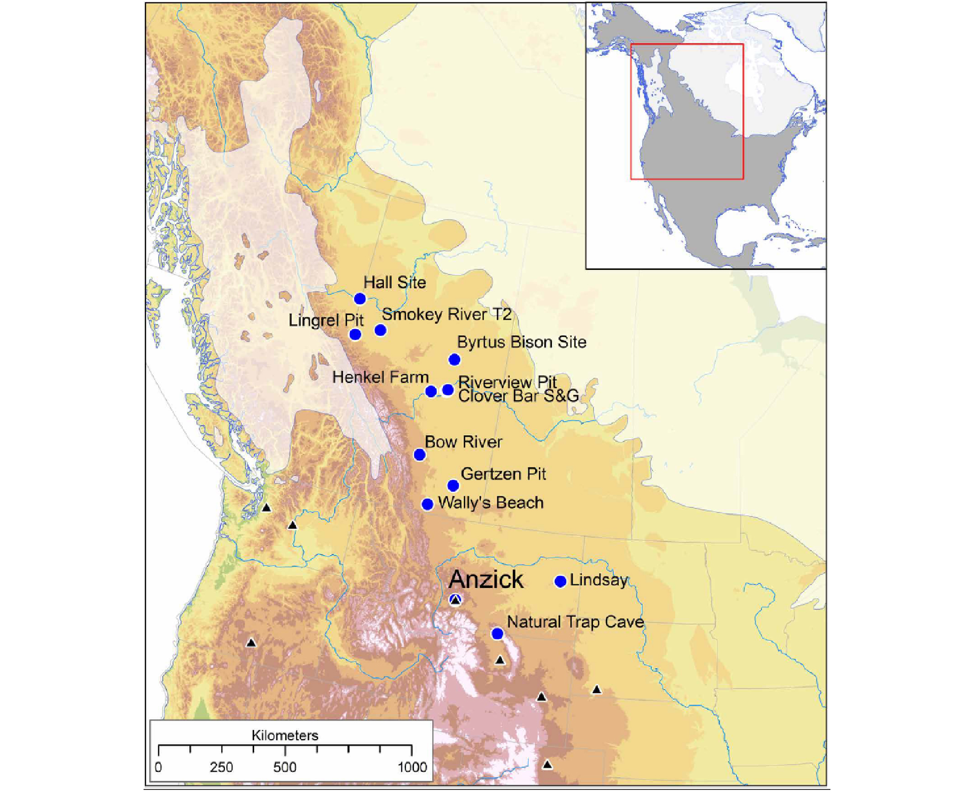 Un mapa que muestra la ubicación de Anzick en lo que sería la actual Montana.