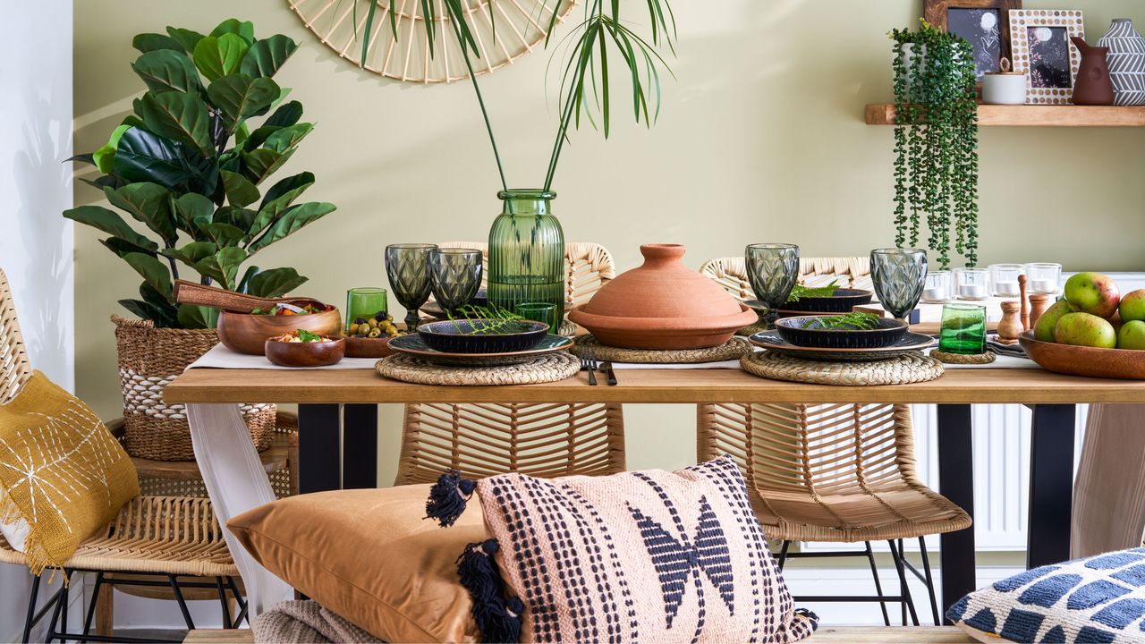 Oak dining table with wood and green-themed tablescape