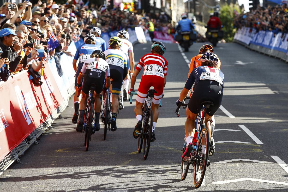 Chloe Dygert Owen at the back of the chasing group
