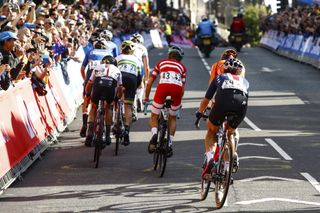Chloe Dygert Owen at the back of the chasing group