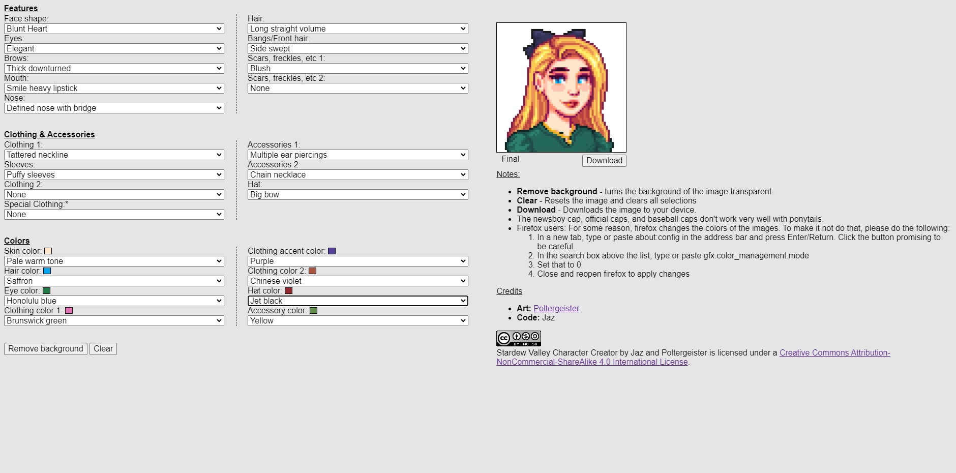 Interface HTML du créateur de portraits Stardew Valley