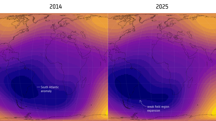 Two maps showing changes in the South Atlantic Anomaly between 2014 and 2025.