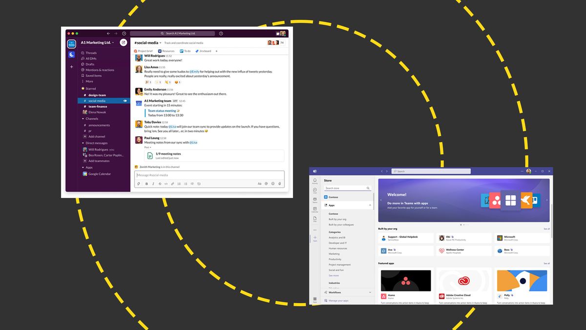 Slack vs Microsoft Teams on the ITPro background