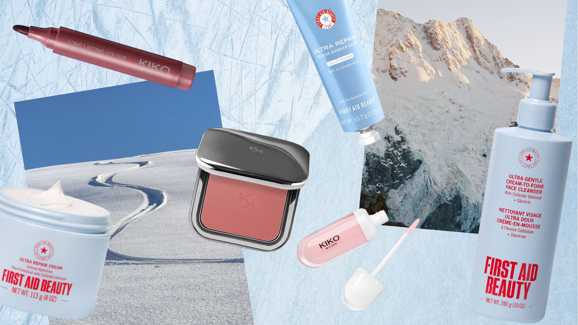 Winter 2026 Olympics beauty products althletes are using in front of a blue background.