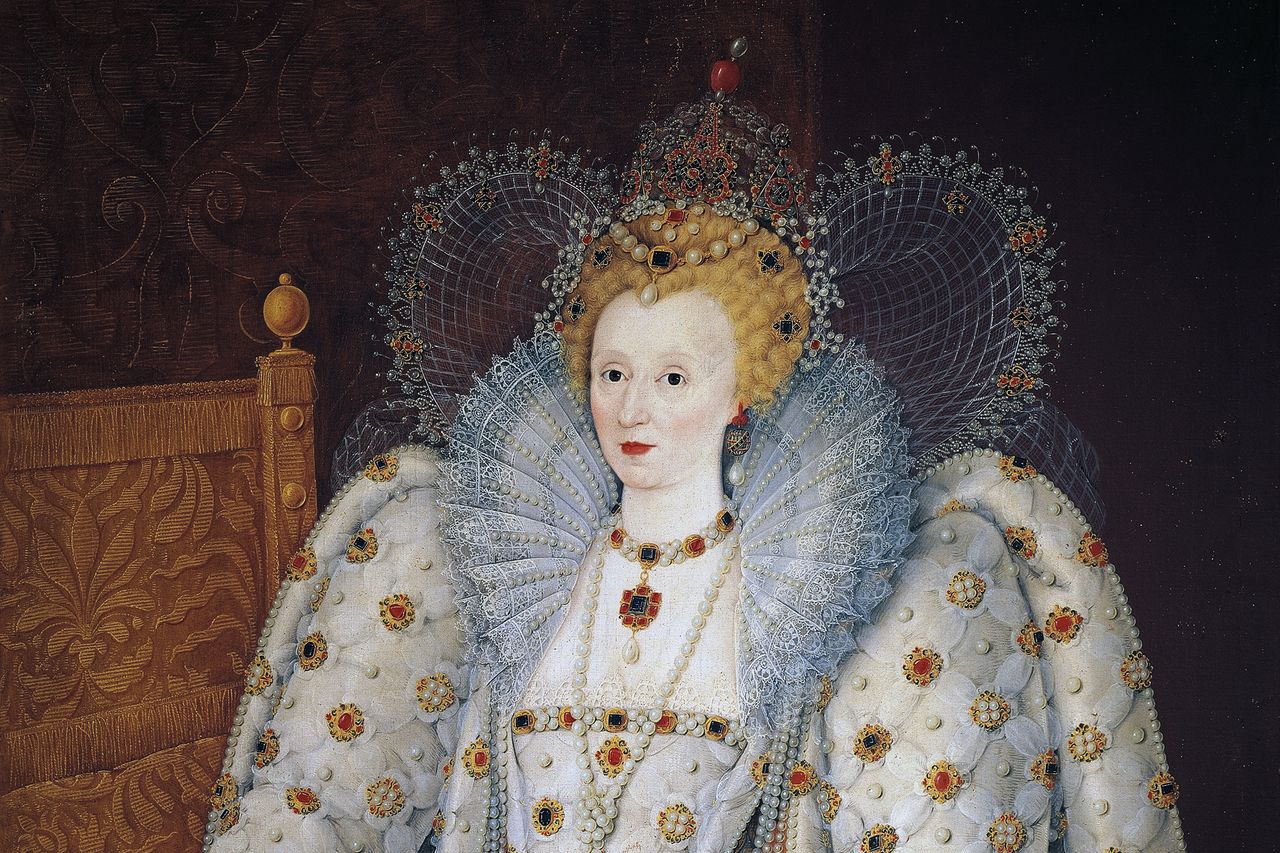 Portrait of Elizabeth I of England (Greenwich, 1533-London, 1603), Queen of England and Ireland. Painting attributed to the School of Marcus Gheeraerts the Younger, oil on canvas, 176 x 144 cm.