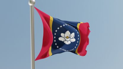 picture of Mississippi flag on flag pole against blue sky