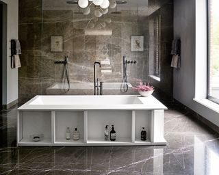 Luxury bathroom ideas with stone flooring and island vanity