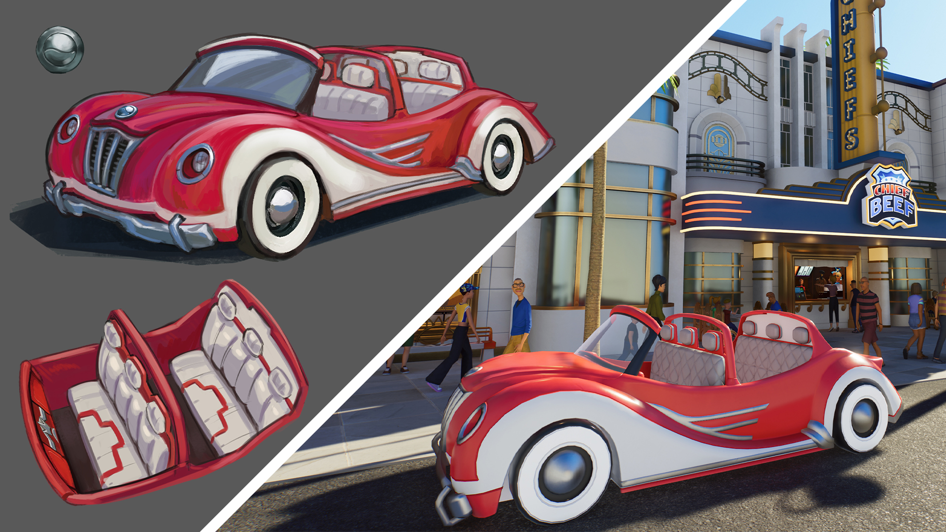 A red Art Deco era car