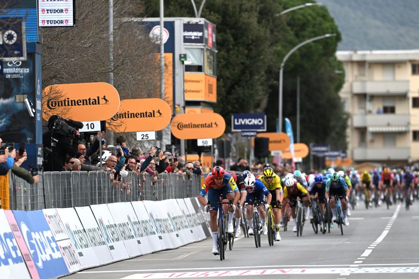 Jonathan Milan sprinting to victory on stage two of Tirreno-Adriatico 2025