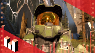 Master Chief staring up with best settings overlay in red