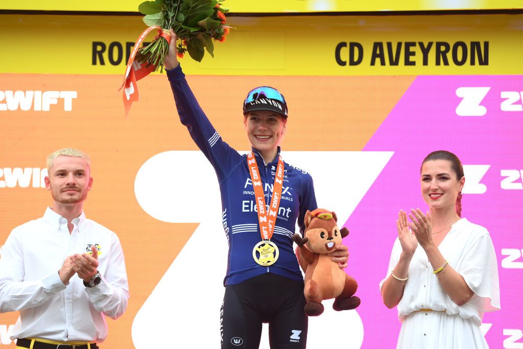 RODEZ FRANCE JULY 26 Yara Kastelijn of The Netherlands and Team FenixDeceuninck celebrates at podium as stage winner during the 2nd Tour de France Femmes 2023 Stage 4 a 1771km stage from Cahors to Rodez 572m UCIWWT on July 26 2023 in Rodez France Photo by Alex BroadwayGetty Images