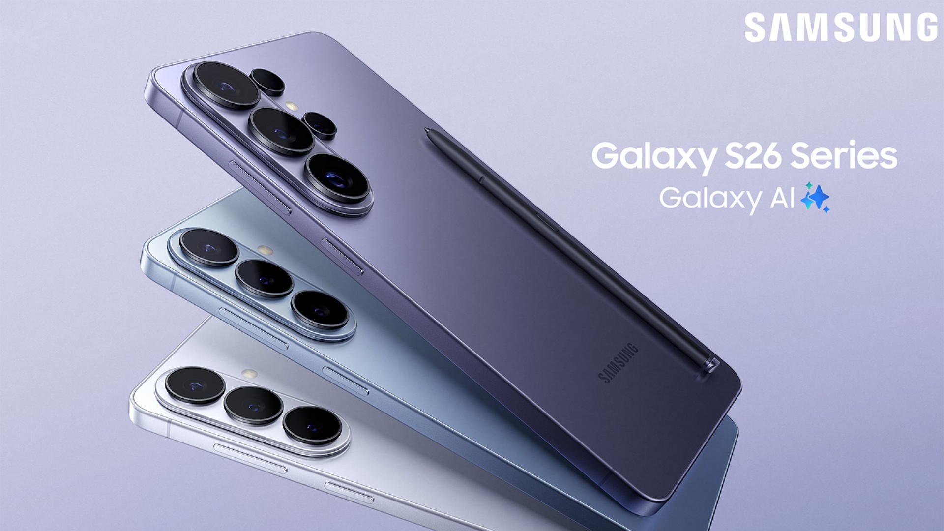 Samsung Galaxy S26 phones on a purple background