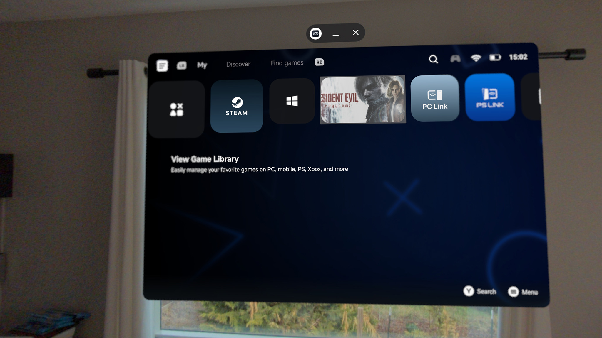 The home screen of the GameHub app, running on Android XR on a Samsung Galaxy XR headset