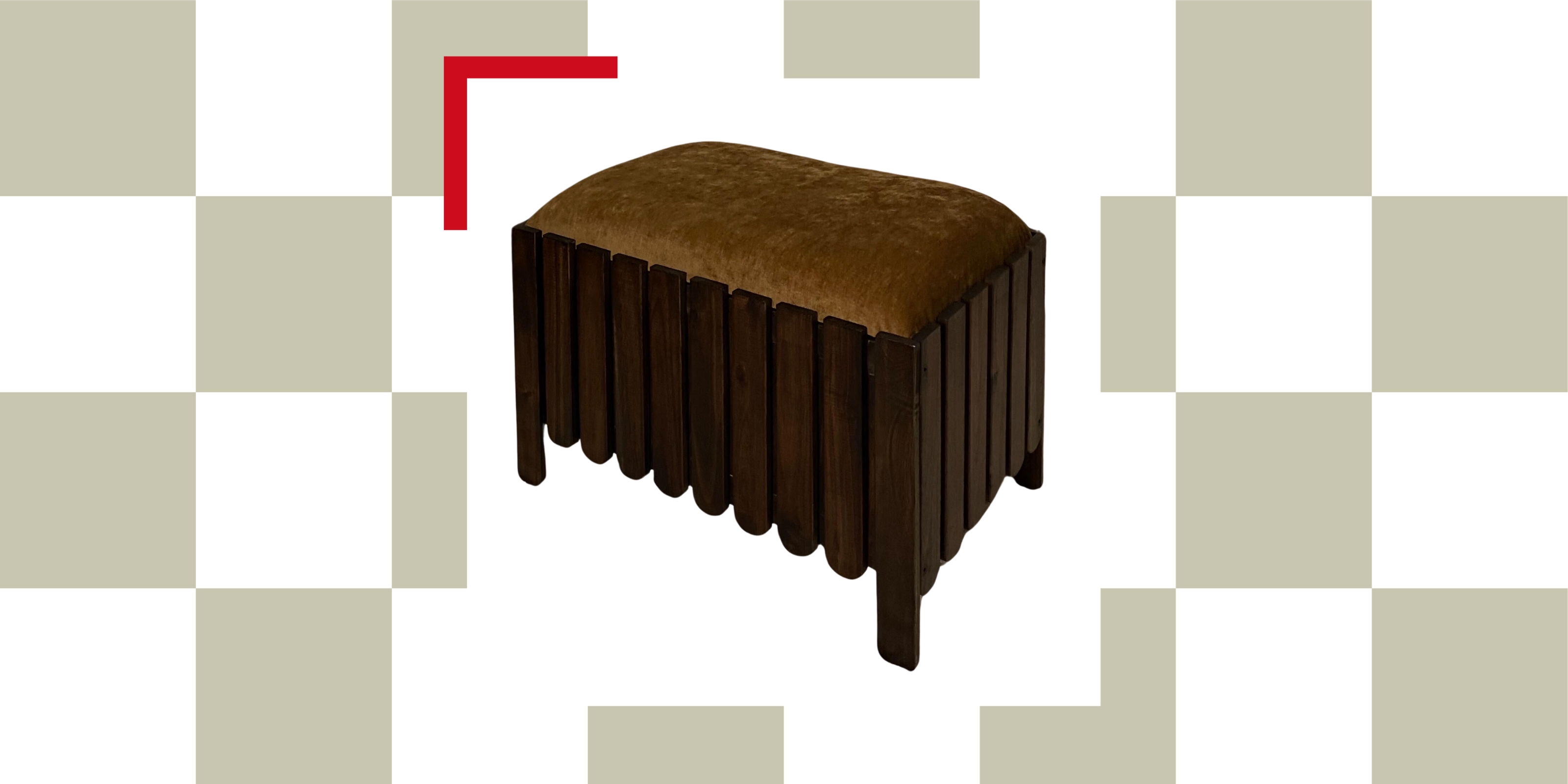 Image of an ottoman with an ochre yellow seat and dark wooden planking around the base. It is a cut out image on top of a sage green and white checkerboard background.
