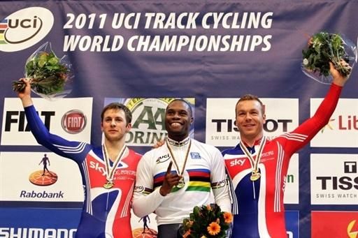 The 2011 men's sprint podium: Jason Kenny, Gr&eacute;gory Baug&eacute; and Chris Hoy