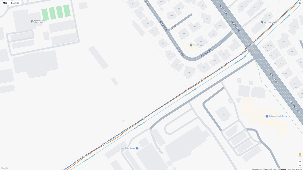 A Google Maps map view showing GPS location data for a workout, with the COROS APEX 4 (orange line) and Garmin Forerunner 970 (blue line) showing how their dual-band GPS tracking compares.