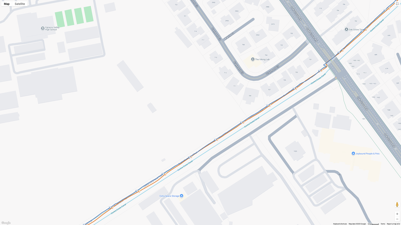 A Google Maps map view showing GPS location data for a workout, with the COROS APEX 4 (orange line) and Garmin Forerunner 970 (blue line) showing how their dual-band GPS tracking compares.