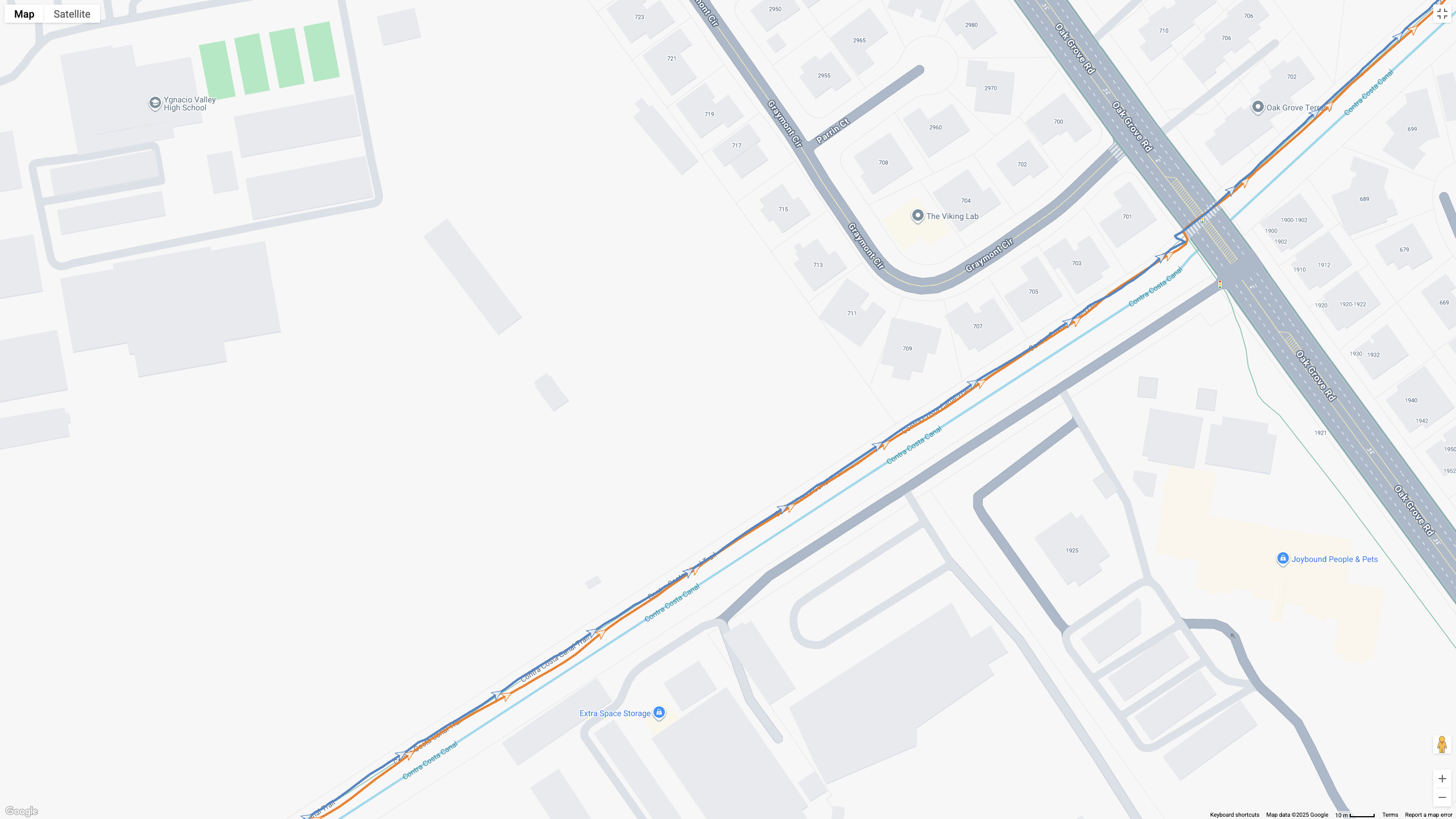 A Google Maps map view showing GPS location data for a workout, with the COROS APEX 4 (orange line) and Garmin Forerunner 970 (blue line) showing how their dual-band GPS tracking compares.