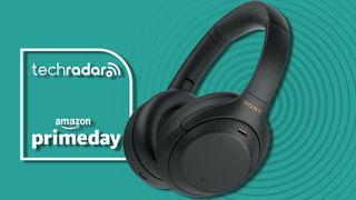 Sony WH-1000XM4 on teal background with TR's Prime Day badge