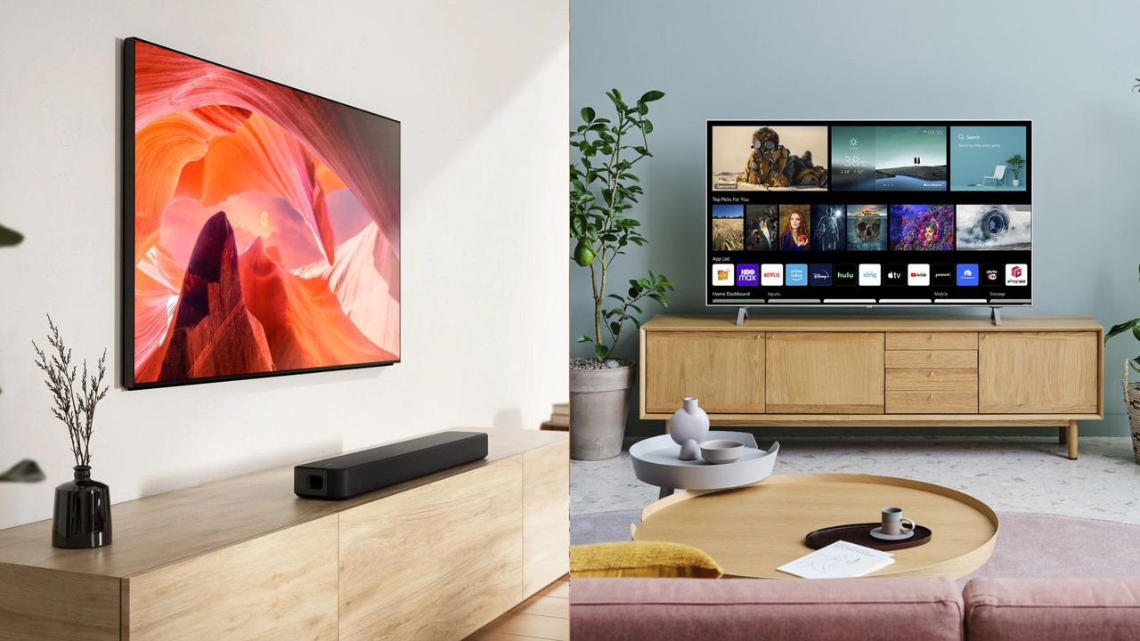 a sony lg on a wall and lg tv on a sideboard