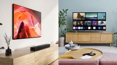 a sony lg on a wall and lg tv on a sideboard