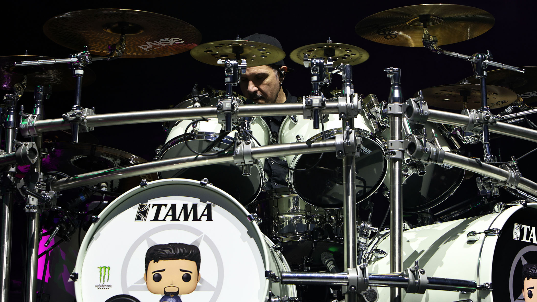Charlie Benante behind his custom Tama drumkit.