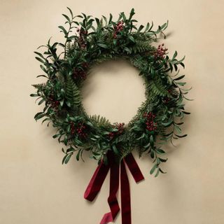 Faux Fern & Olive Wreath against a cream background.