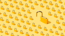 A graphic of dozens of locked, gold padlocks on a pale yellow background, lined up in rows and viewed with an isometric view to represent cyber security. To the right of the frame there is one especially large, unlocked padlock. They are set against a pale yellow background.
