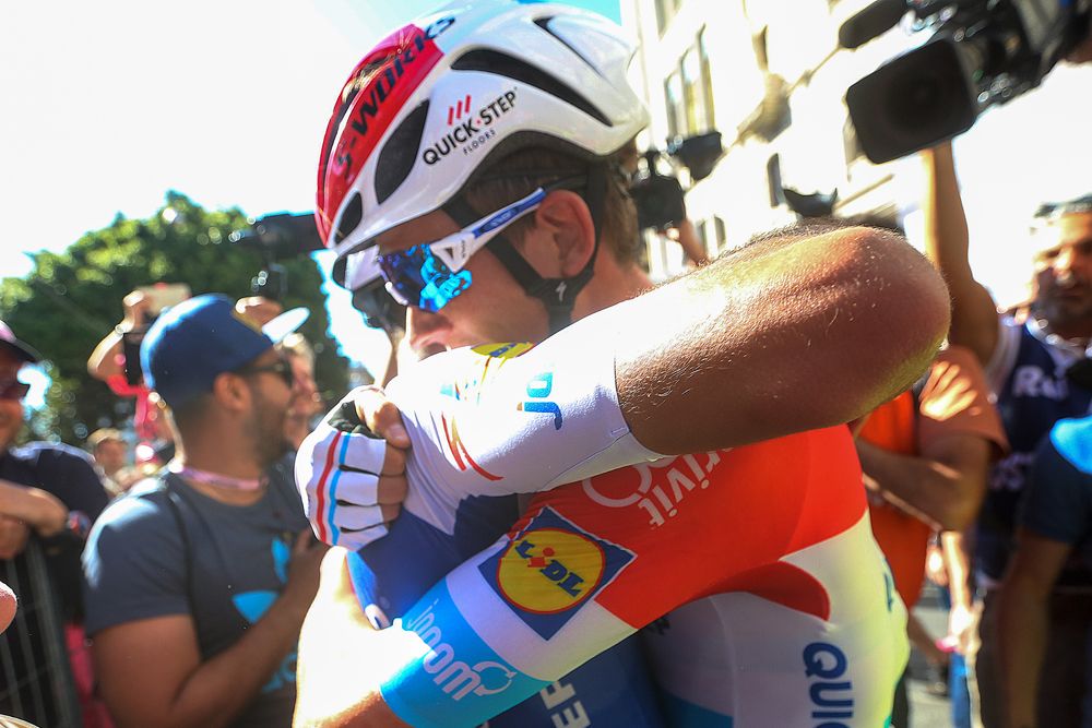 Fernando Gaviria (Quick-Step Floors) enjoys his win with Bob Jungels