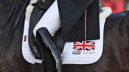A British team saddlecloth featuring an embroidered Union Jack flag