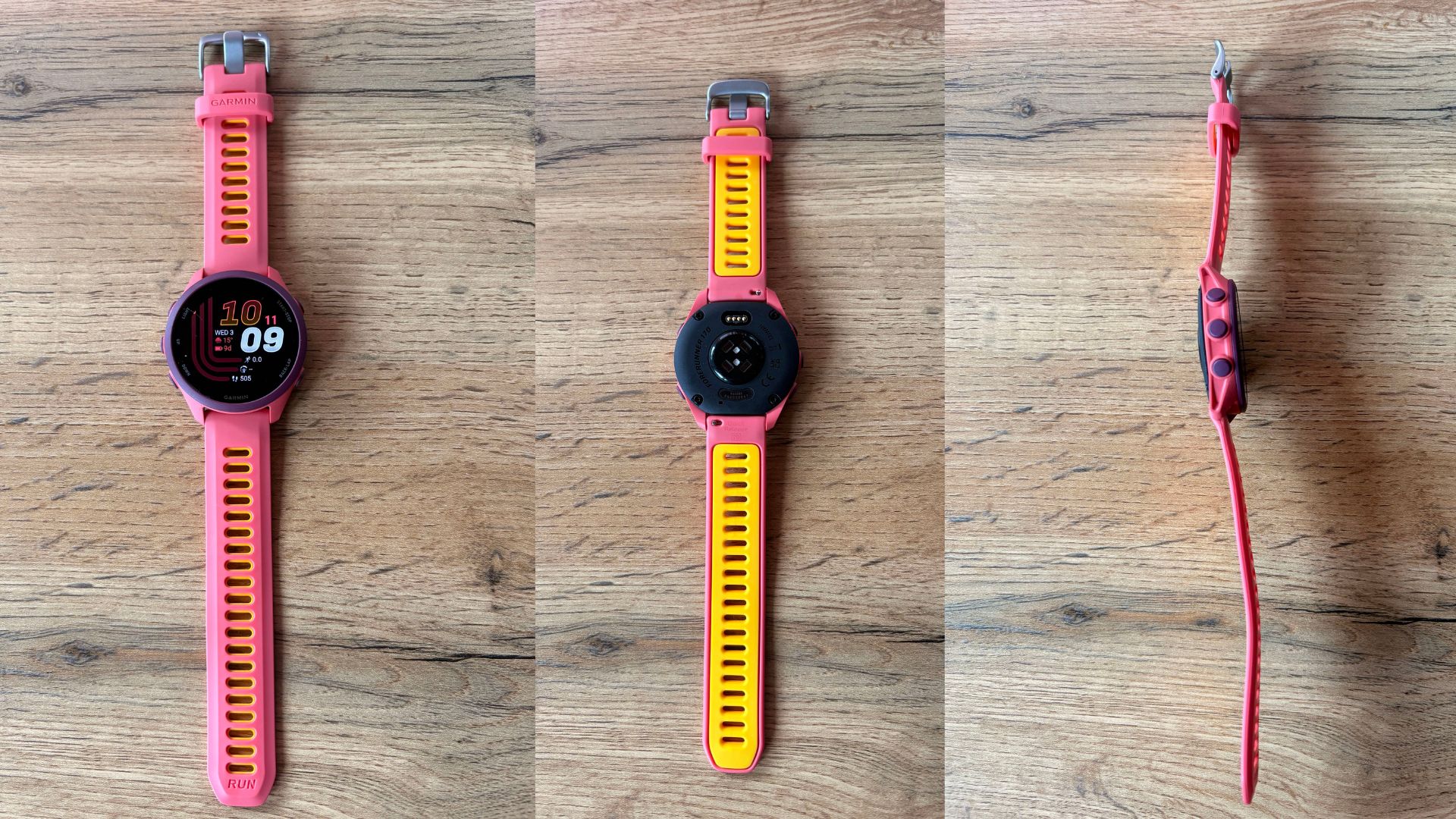 Garmin Forerunner 170 Music sitting on wooden table from three angles
