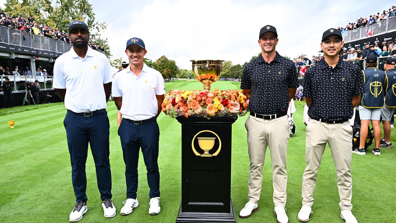 Sahith Theegala, Collin Morikawa, Adam Scott and Min Woo Lee pose on the 1st tee before their match at the 2024 Presidents Cup